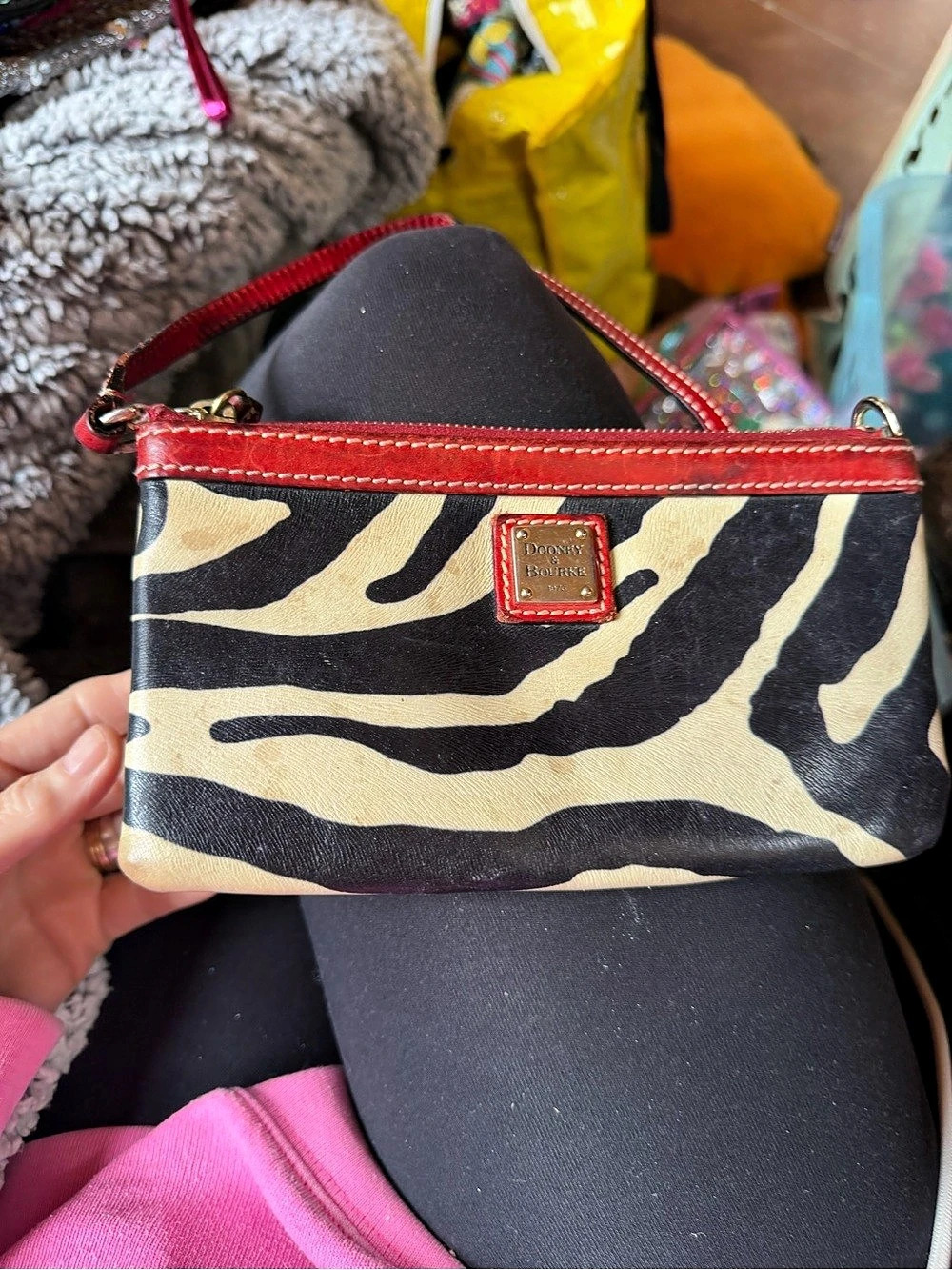 Dooney & Bourke Zebra Leather Large Slim Wristlet Black & Red